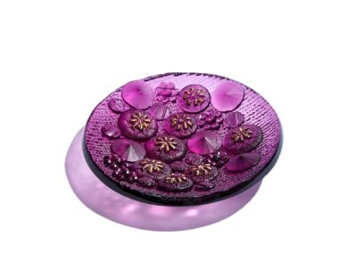 Handmade glass bowl, blackcurrant colour with flowers and berries