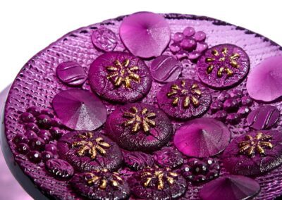 Handmade glass bowl, blackcurrant colour with flowers and berries