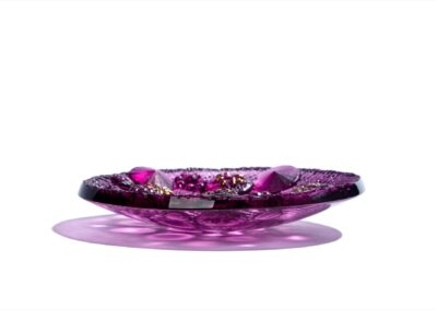 Handmade glass bowl, blackcurrant colour with flowers and berries