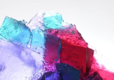 Handmade glass sculpture in the form of a fallen wall in clear, aqua, red and lilac