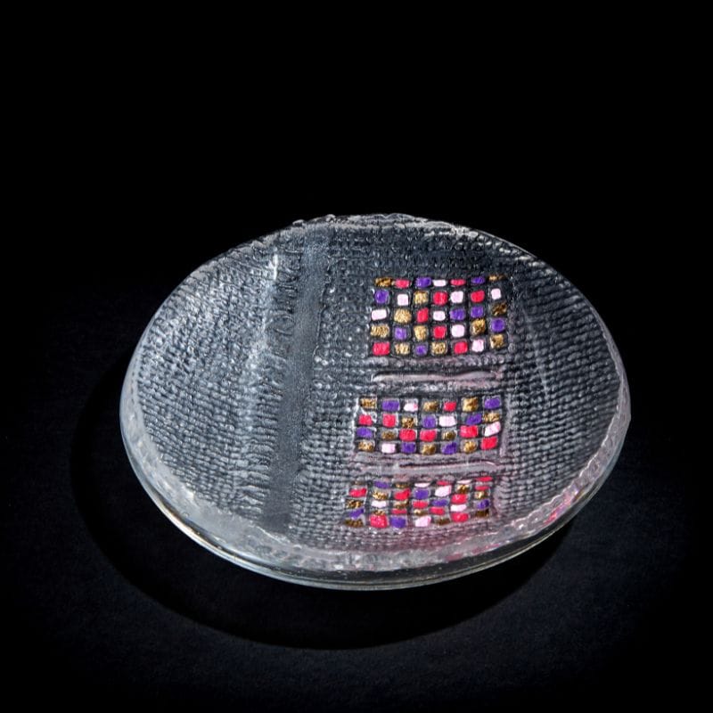 Handmade Art glass bowl with pinks, purple and gold enamels by International glass maker Deborah Timperley