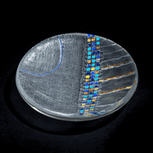 Handmade Art glass bowl with blue and gold decoration by International glass maker Deborah Timperley
