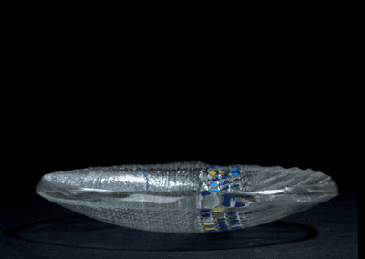 Handmade Art Glass bowl with blue and gold decoration showing the polished rim and texture made by international glass maker Deborah Timperley