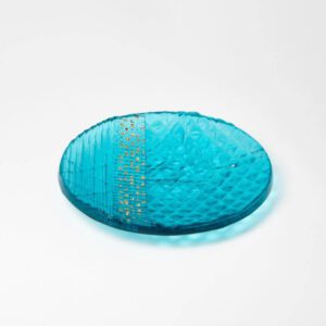 Aquamarine-art-glass-bowl -with-gold-lustre.-Made-By-Internetional-Glass-Artist-Deborah-Timperley