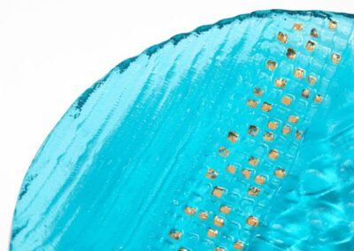 Aquamarine-art-glass-bowl -with-gold-lustre.-Made-By-Internetional-Glass-Artist-Deborah-Timperley