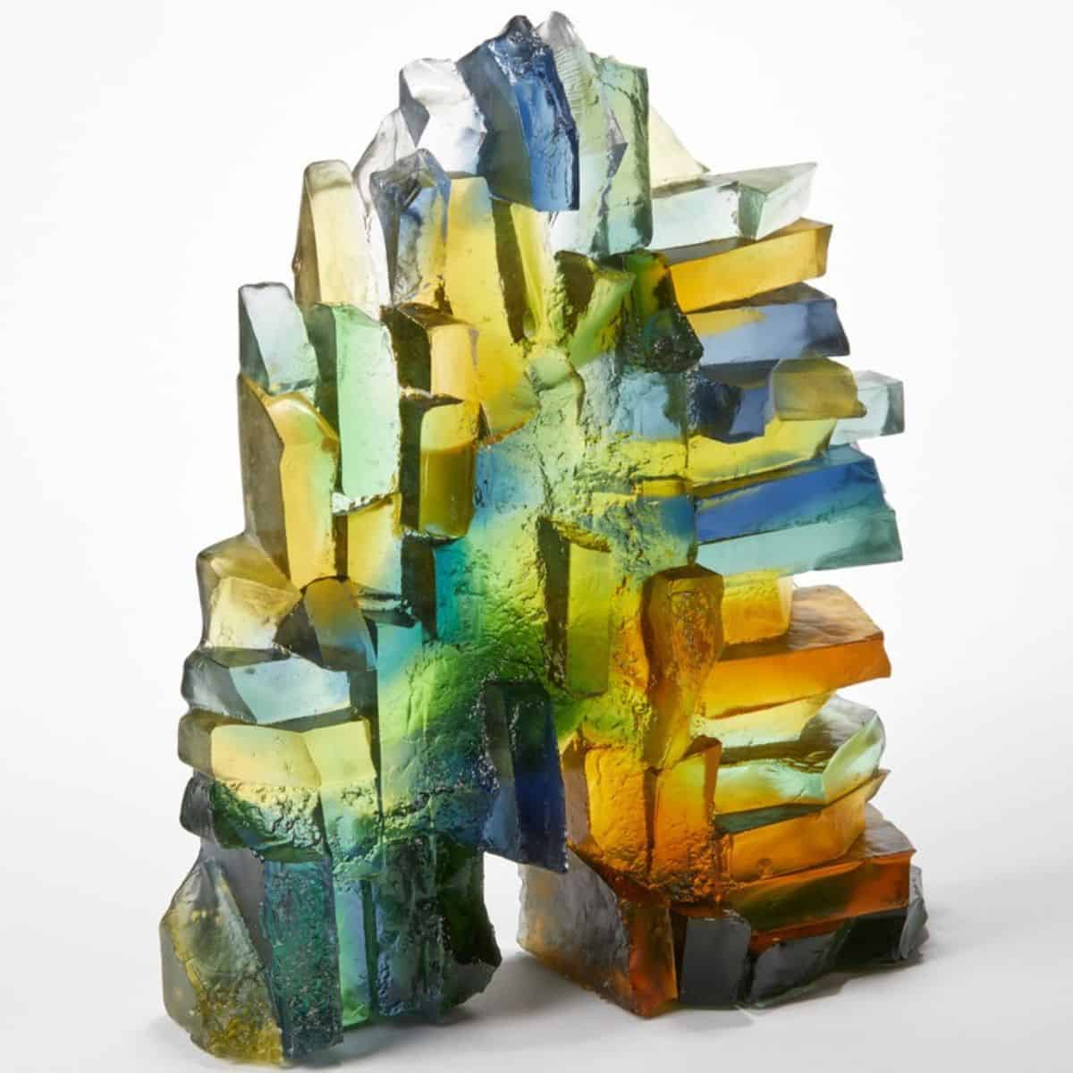 Front view of coloured textured glass sculpture