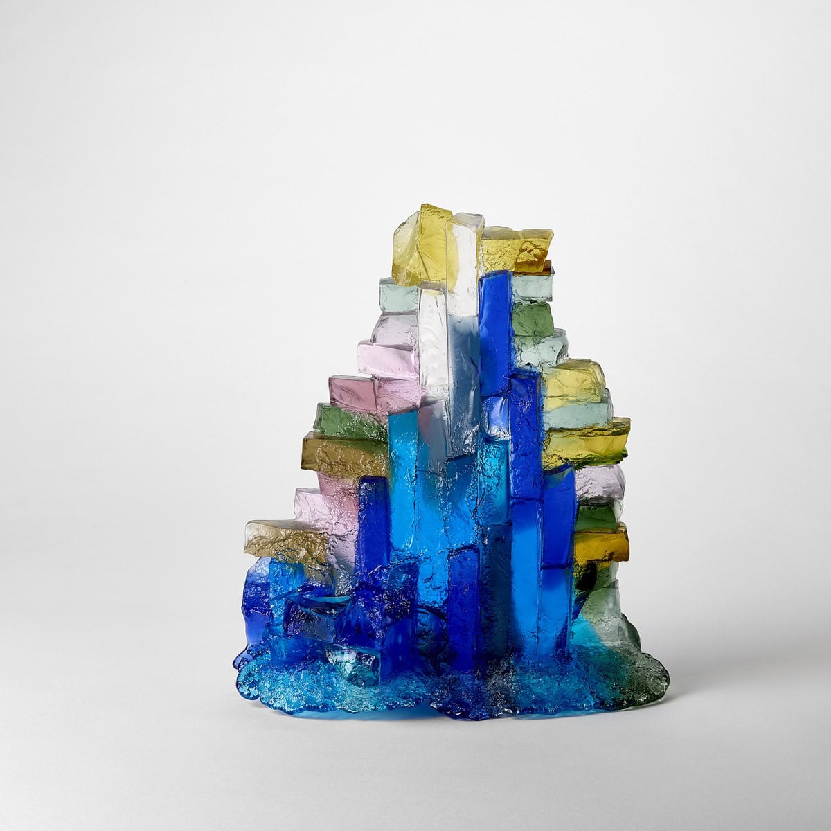 Alpine Waterfall in Crisp Noon Light Glass Landscape Sculpture by Deborah Timperley