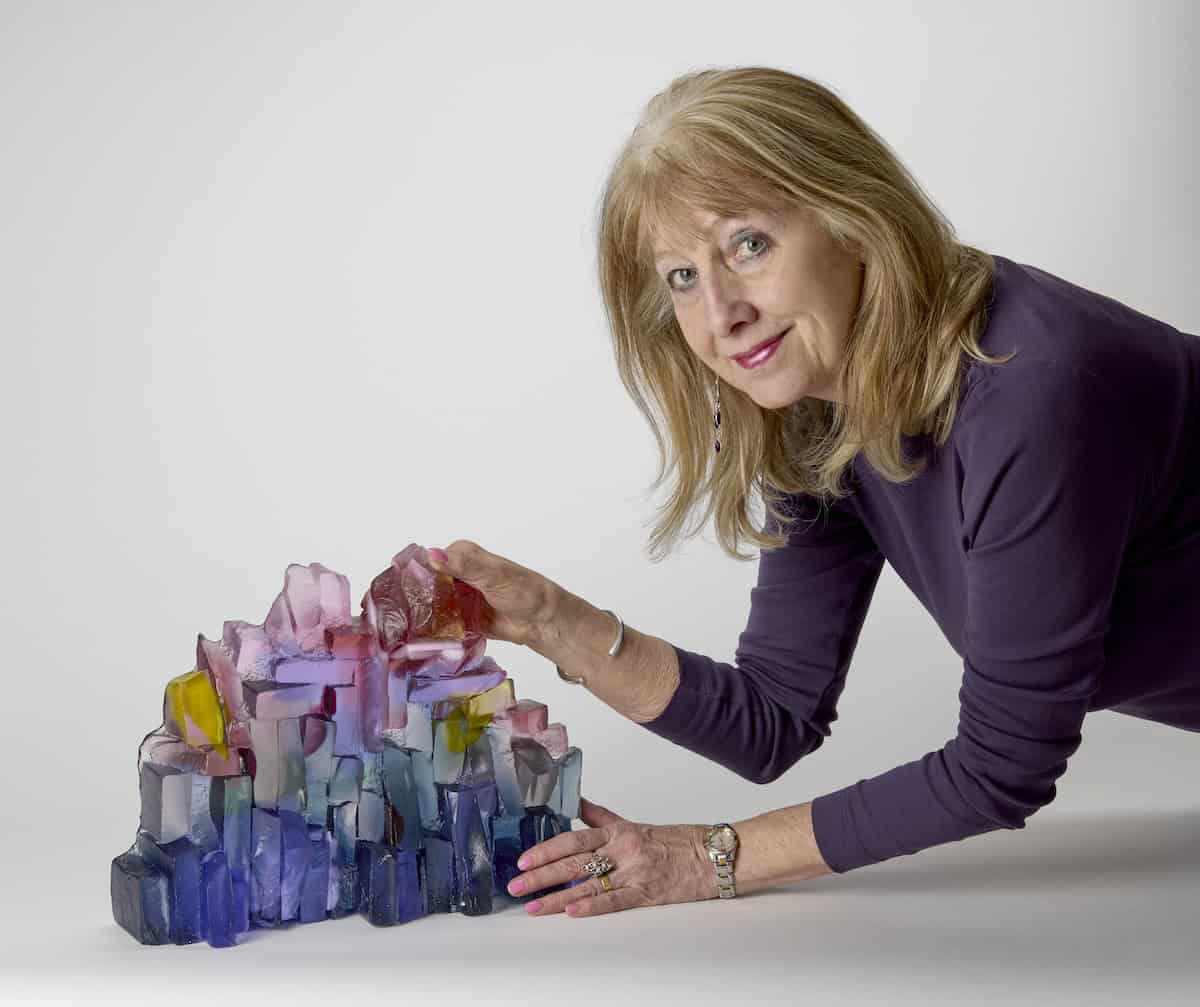 Pink Sunrise Over Distant Mountains glass sculpture with Deborah Timperley